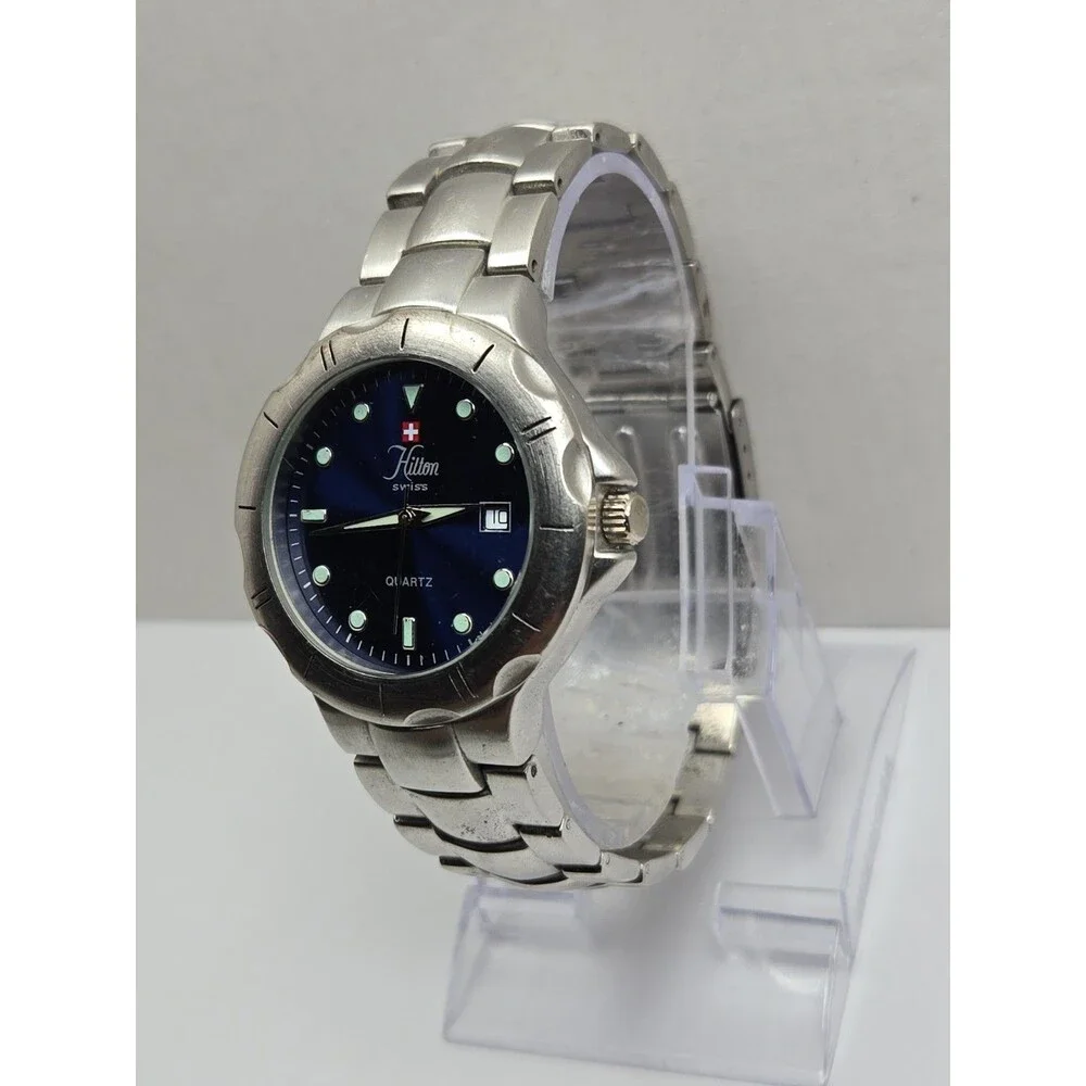 Hilton Swiss Mens Blue Dial Quartz Silver Bracelet Date Sports Watch New Battery